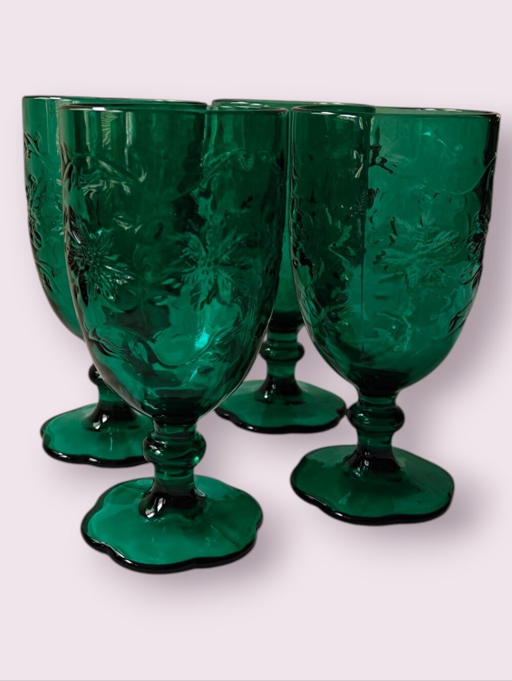 4 Princess House Fantasia Emerald Green Tea Glasses Set Floral Stemware Goblets